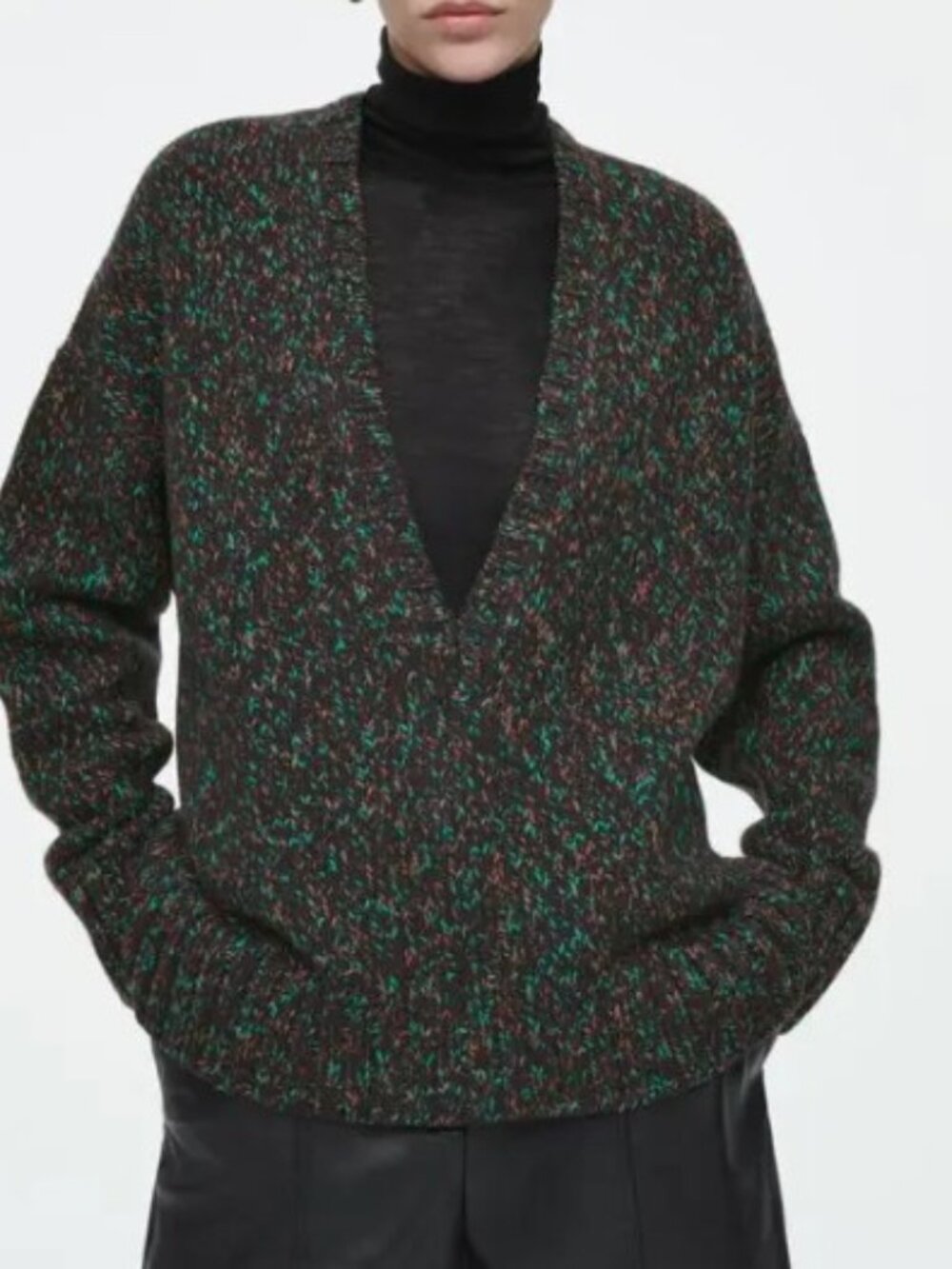 Cos Oversized Chunky Flecked Wool Sweater Brown Wool Cotton V Neck Sustainable M